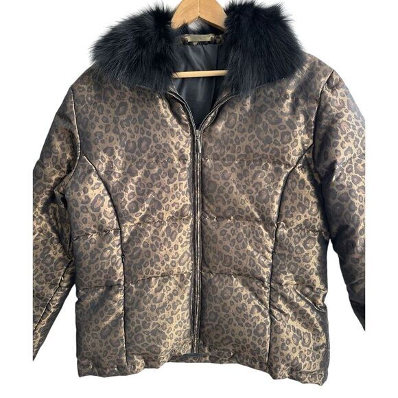 Brandon‎ Thomas Leopard Print Down Filled Puffer Jacket Coat Fur Collar Size M - Picture 1 of 13